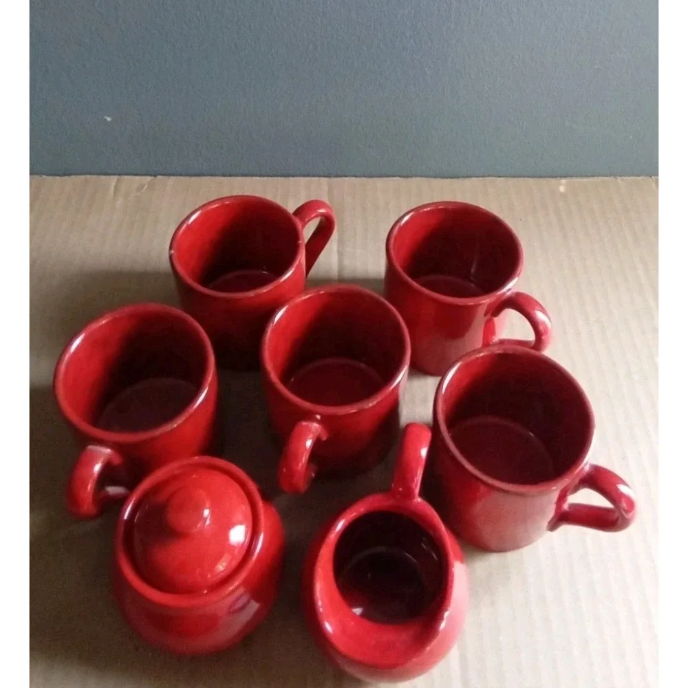 Red Ceramic Coffee Set,‎ 5Cups, Creamer, Sugar Bowl and Lid Included